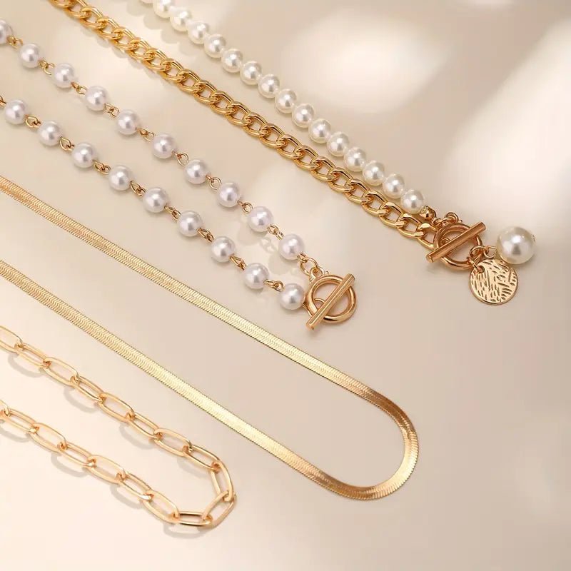 Set di Collane Vintage con Perle e Catena Snake | Oro