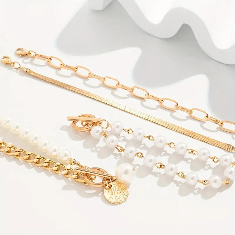 Set di 4 Bracciali Chic Gold – Snake, Perle & Catene | Oro