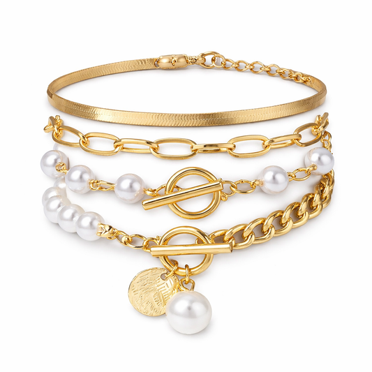 Set di bracciali chic in oro (4 pezzi) – serpente, perle e maglie