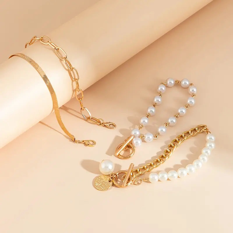 Set di 4 Bracciali Chic Gold – Snake, Perle & Catene | Oro