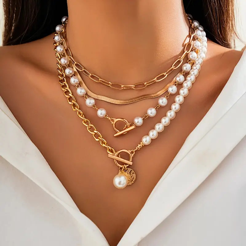 Set di Collane Vintage con Perle e Catena Snake | Oro