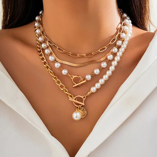 Set di Collane Vintage con Perle e Catena Snake | Oro